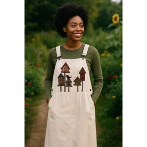 Vintage Haiks Birdhouse Embroidered Overall Jumper Dress 16W Cottagecore garden